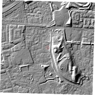 Shaded relief map of the ground around E163TP, computed from Environment Agency LiDAR. The ground here sits at about 1 m above sea level and falls 10 m across the surrounding 800 m. Surface water reaching this point runs off ground lying to the east, 7.7 m higher.