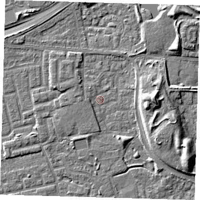 Shaded relief map of the ground around E163TQ, computed from Environment Agency LiDAR. The ground here sits at about 1 m above sea level and falls 10 m across the surrounding 800 m. Surface water reaching this point runs off ground lying to the west-south-west, 2.0 m higher.
