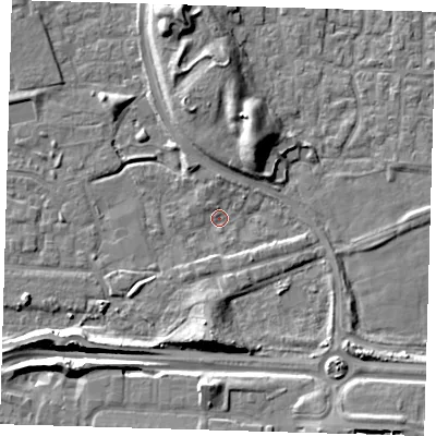 Shaded relief map of the ground around E163TR, computed from Environment Agency LiDAR. The ground here sits at about 1 m above sea level and falls 10 m across the surrounding 800 m. Surface water reaching this point runs off ground lying to the south, 7.2 m higher.