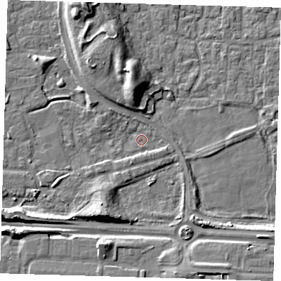 Shaded relief map of the ground around E163TS, computed from Environment Agency LiDAR. The ground here sits at about 1 m above sea level and falls 10 m across the surrounding 800 m. Surface water reaching this point runs off ground lying to the north-west, 2.3 m higher.