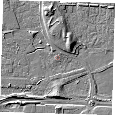 Shaded relief map of the ground around E163TT, computed from Environment Agency LiDAR. The ground here sits at about 2 m above sea level and falls 10 m across the surrounding 800 m. Surface water reaching this point runs off ground lying to the north-north-east, 1.0 m higher.