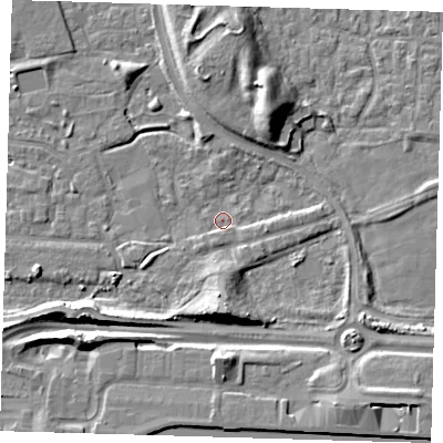 Shaded relief map of the ground around E163TU, computed from Environment Agency LiDAR. The ground here sits at about 1 m above sea level and falls 10 m across the surrounding 800 m. Surface water reaching this point runs off ground lying to the south, 7.2 m higher.