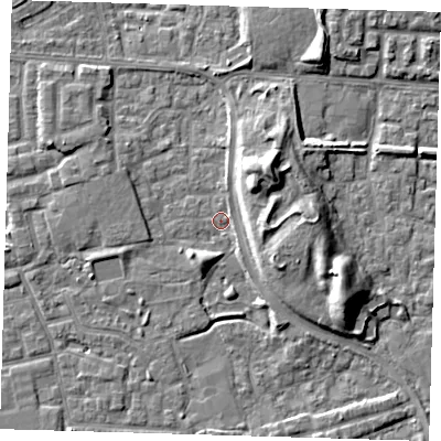 Shaded relief map of the ground around E163TW, computed from Environment Agency LiDAR. The ground here sits at about 1 m above sea level and falls 10 m across the surrounding 800 m. Surface water reaching this point runs off ground lying to the north-east, 8.7 m higher.