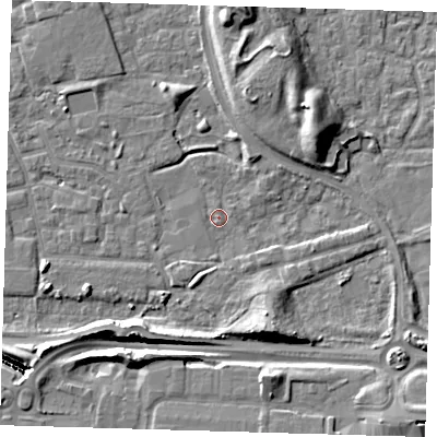 Shaded relief map of the ground around E163TY, computed from Environment Agency LiDAR. The ground here sits at about 1 m above sea level and falls 14 m across the surrounding 800 m. Surface water reaching this point runs off ground lying to the south-south-east, 7.2 m higher.