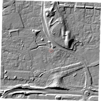 Shaded relief map of the ground around E163TZ, computed from Environment Agency LiDAR. The ground here sits at about 2 m above sea level and falls 14 m across the surrounding 800 m. Surface water reaching this point runs off ground lying to the south, 7.2 m higher.