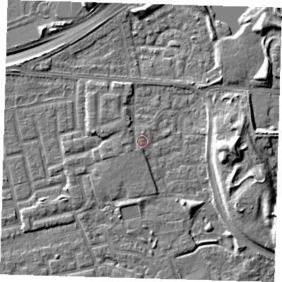 Shaded relief map of the ground around E163UD, computed from Environment Agency LiDAR. The ground here sits at about 2 m above sea level and falls 11 m across the surrounding 800 m. Surface water reaching this point runs off ground lying to the west, 1.1 m higher.