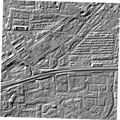 Shaded relief map of the ground around E164AA, computed from Environment Agency LiDAR. The ground here sits at about 2 m above sea level and falls 5 m across the surrounding 800 m. Surface water reaching this point runs off ground lying to the south-west, 1.6 m higher.