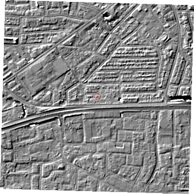 Shaded relief map of the ground around E164AB, computed from Environment Agency LiDAR. The ground here sits at about 2 m above sea level and falls 11 m across the surrounding 800 m. Surface water reaching this point runs off ground lying to the east-south-east, 0.7 m higher.