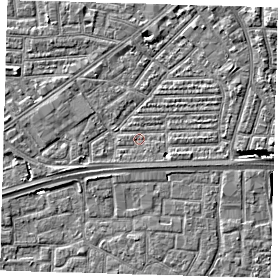 Shaded relief map of the ground around E164AD, computed from Environment Agency LiDAR. The ground here sits at about 1 m above sea level and falls 11 m across the surrounding 800 m. Surface water reaching this point runs off ground lying to the south-south-east, 1.0 m higher.