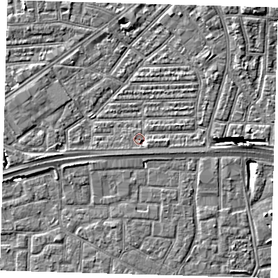 Shaded relief map of the ground around E164AE, computed from Environment Agency LiDAR. The ground here sits at about 2 m above sea level and falls 11 m across the surrounding 800 m. Surface water reaching this point runs off ground lying to the east-south-east, 3.4 m higher.