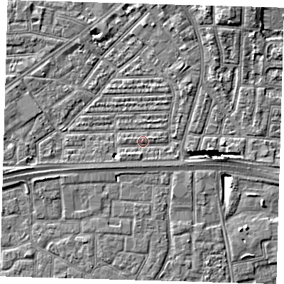 Shaded relief map of the ground around E164AF, computed from Environment Agency LiDAR. The ground here sits at about 2 m above sea level and falls 11 m across the surrounding 800 m. Surface water reaching this point runs off ground lying to the south-west, 1.3 m higher.