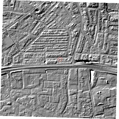 Shaded relief map of the ground around E164AG, computed from Environment Agency LiDAR. The ground here sits at about 2 m above sea level and falls 11 m across the surrounding 800 m. Surface water reaching this point runs off ground lying to the west-south-west, 1.3 m higher.