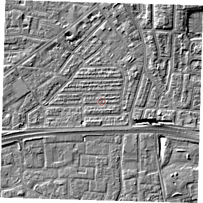 Shaded relief map of the ground around E164AH, computed from Environment Agency LiDAR. The ground here sits at about 1 m above sea level and falls 12 m across the surrounding 800 m. Surface water reaching this point runs off ground lying to the south-east, 0.9 m higher.