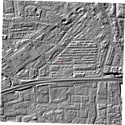Shaded relief map of the ground around E164AJ, computed from Environment Agency LiDAR. The ground here sits at about 1 m above sea level and falls 12 m across the surrounding 800 m. Surface water reaching this point runs off ground lying to the south-east, 3.4 m higher.