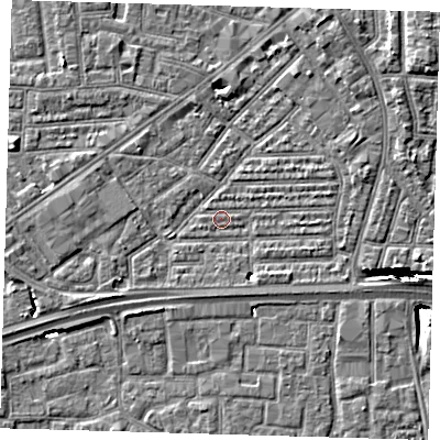 Shaded relief map of the ground around E164AL, computed from Environment Agency LiDAR. The ground here sits at about 1 m above sea level and falls 12 m across the surrounding 800 m. Surface water reaching this point runs off ground lying to the south-south-east, 3.4 m higher.