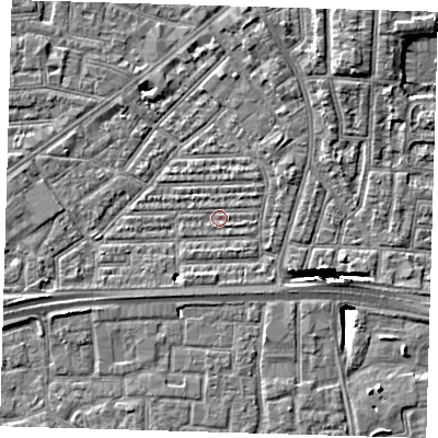 Shaded relief map of the ground around E164AN, computed from Environment Agency LiDAR. The ground here sits at about 1 m above sea level and falls 13 m across the surrounding 800 m. Surface water reaching this point runs off ground lying to the south-east, 0.8 m higher.