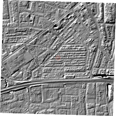 Shaded relief map of the ground around E164AP, computed from Environment Agency LiDAR. The ground here sits at about 1 m above sea level and falls 12 m across the surrounding 800 m. Surface water reaching this point runs off ground lying to the south-south-east, 3.4 m higher.