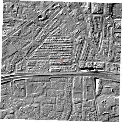 Shaded relief map of the ground around E164AQ, computed from Environment Agency LiDAR. The ground here sits at about 2 m above sea level and falls 12 m across the surrounding 800 m. Surface water reaching this point runs off ground lying to the east-south-east, 0.9 m higher.