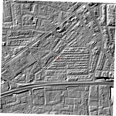 Shaded relief map of the ground around E164AR, computed from Environment Agency LiDAR. The ground here sits at about 1 m above sea level and falls 12 m across the surrounding 800 m. Surface water reaching this point runs off ground lying to the north-east, 6.1 m higher.