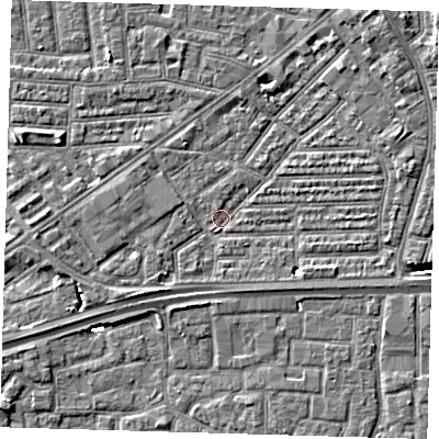 Shaded relief map of the ground around E164AS, computed from Environment Agency LiDAR. The ground here sits at about 1 m above sea level and falls 7 m across the surrounding 800 m. Surface water reaching this point runs off ground lying to the south-west, 3.8 m higher.