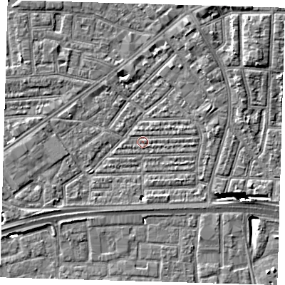 Shaded relief map of the ground around E164AT, computed from Environment Agency LiDAR. The ground here sits at about 1 m above sea level and falls 12 m across the surrounding 800 m. Surface water reaching this point runs off ground lying to the north-east, 11.8 m higher.