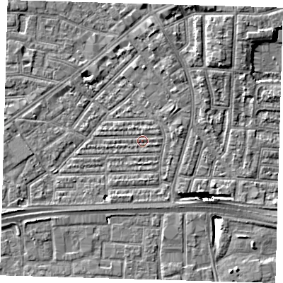 Shaded relief map of the ground around E164AU, computed from Environment Agency LiDAR. The ground here sits at about 2 m above sea level and falls 13 m across the surrounding 800 m. Surface water reaching this point runs off ground lying to the north-east, 12.2 m higher.