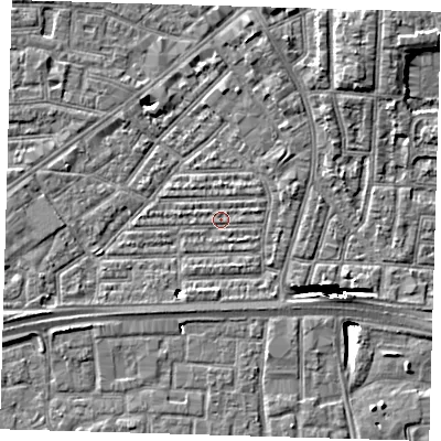 Shaded relief map of the ground around E164AW, computed from Environment Agency LiDAR. The ground here sits at about 2 m above sea level and falls 13 m across the surrounding 800 m. Surface water reaching this point runs off ground lying to the north-east, 12.5 m higher.