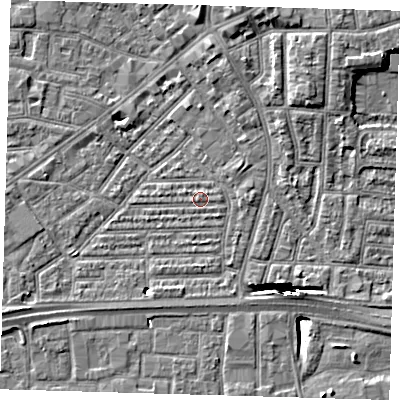Shaded relief map of the ground around E164AX, computed from Environment Agency LiDAR. The ground here sits at about 2 m above sea level and falls 13 m across the surrounding 800 m. Surface water reaching this point runs off ground lying to the north-north-east, 0.9 m higher.