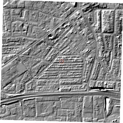 Shaded relief map of the ground around E164AY, computed from Environment Agency LiDAR. The ground here sits at about 1 m above sea level and falls 12 m across the surrounding 800 m. Surface water reaching this point runs off ground lying to the north-east, 11.9 m higher.
