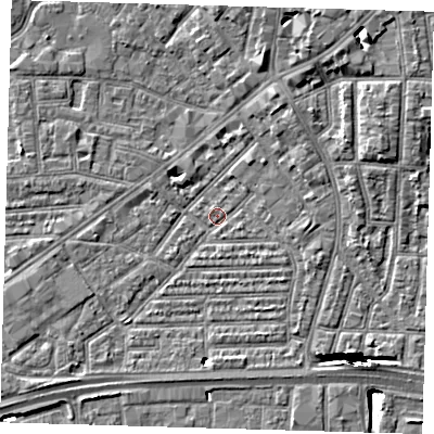 Shaded relief map of the ground around E164AZ, computed from Environment Agency LiDAR. The ground here sits at about 1 m above sea level and falls 13 m across the surrounding 800 m. Surface water reaching this point runs off ground lying to the north-east, 12.9 m higher.