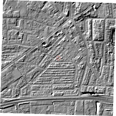 Shaded relief map of the ground around E164BA, computed from Environment Agency LiDAR. The ground here sits at about 1 m above sea level and falls 13 m across the surrounding 800 m. Surface water reaching this point runs off ground lying to the north-east, 12.9 m higher.
