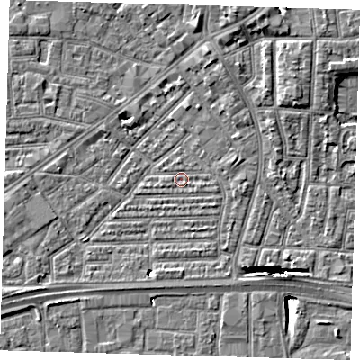 Shaded relief map of the ground around E164BB, computed from Environment Agency LiDAR. The ground here sits at about 1 m above sea level and falls 12 m across the surrounding 800 m. Surface water reaching this point runs off ground lying to the north-east, 12.2 m higher.