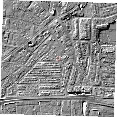 Shaded relief map of the ground around E164BD, computed from Environment Agency LiDAR. The ground here sits at about 1 m above sea level and falls 13 m across the surrounding 800 m. Surface water reaching this point runs off ground lying to the east, 1.2 m higher.
