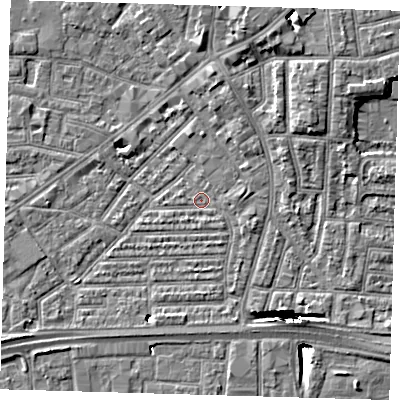 Shaded relief map of the ground around E164BE, computed from Environment Agency LiDAR. The ground here sits at about 1 m above sea level and falls 13 m across the surrounding 800 m. Surface water reaching this point runs off ground lying to the east, 1.3 m higher.