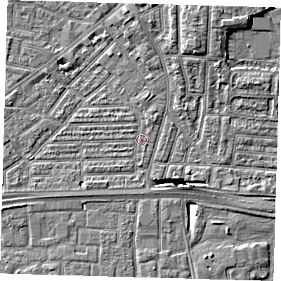 Shaded relief map of the ground around E164BG, computed from Environment Agency LiDAR. The ground here sits at about 2 m above sea level and falls 13 m across the surrounding 800 m. Surface water reaching this point runs off ground lying to the north-east, 12.2 m higher.
