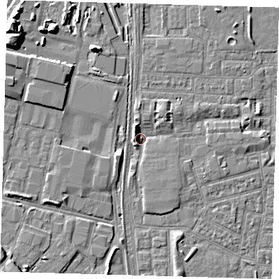 Shaded relief map of the ground around E164BJ, computed from Environment Agency LiDAR. The ground here sits at about 2 m above sea level and falls 10 m across the surrounding 800 m. Surface water reaching this point runs off ground lying to the west-north-west, 3.4 m higher.