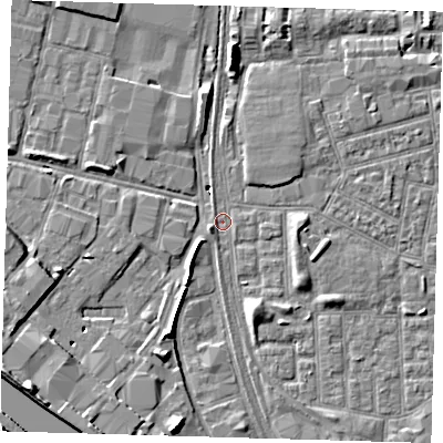 Shaded relief map of the ground around E164BL, computed from Environment Agency LiDAR. The ground here sits at about 1 m above sea level and falls 10 m across the surrounding 800 m. Surface water reaching this point runs off ground lying to the south-west, 8.9 m higher.