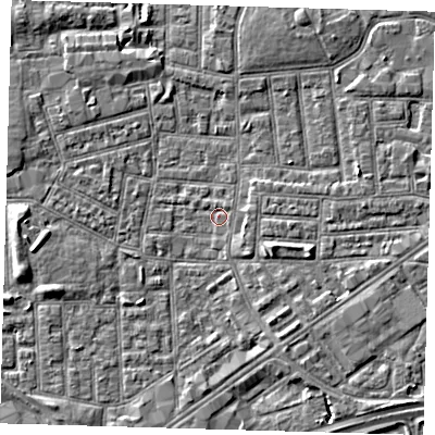 Shaded relief map of the ground around E164BP, computed from Environment Agency LiDAR. The ground here sits at about 1 m above sea level and falls 5 m across the surrounding 800 m. Surface water reaching this point runs off ground lying to the east-south-east, 2.9 m higher.