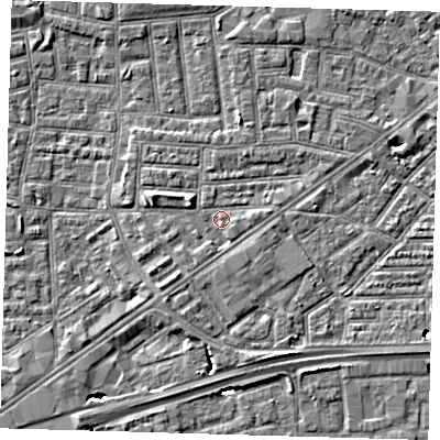 Shaded relief map of the ground around E164BQ, computed from Environment Agency LiDAR. The ground here sits at about 2 m above sea level and falls 5 m across the surrounding 800 m. Surface water reaching this point runs off ground lying to the west-north-west, 2.1 m higher.
