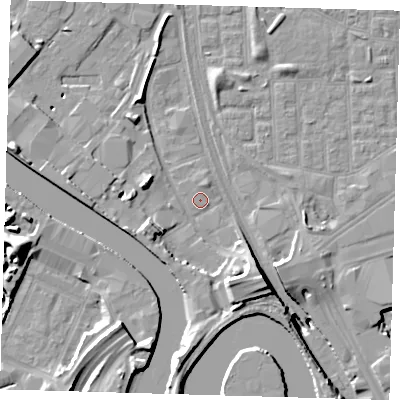 Shaded relief map of the ground around E164BS, computed from Environment Agency LiDAR. The ground here sits at about 2 m above sea level and falls 18 m across the surrounding 800 m. Surface water reaching this point runs off ground lying to the north-north-east, 1.0 m higher.