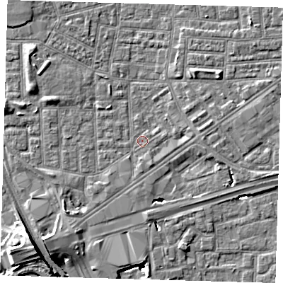 Shaded relief map of the ground around E164BX, computed from Environment Agency LiDAR. The ground here sits at about 1 m above sea level and falls 15 m across the surrounding 800 m. Surface water reaching this point runs off ground lying to the south-west, 3.6 m higher.