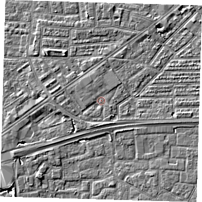 Shaded relief map of the ground around E164DB, computed from Environment Agency LiDAR. The ground here sits at about 2 m above sea level and falls 8 m across the surrounding 800 m. Surface water reaching this point runs off ground lying to the south, 1.6 m higher.