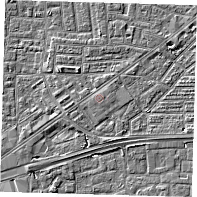 Shaded relief map of the ground around E164DD, computed from Environment Agency LiDAR. The ground here sits at about 2 m above sea level and falls 5 m across the surrounding 800 m. The ground contributing surface water to this point lies to the east.