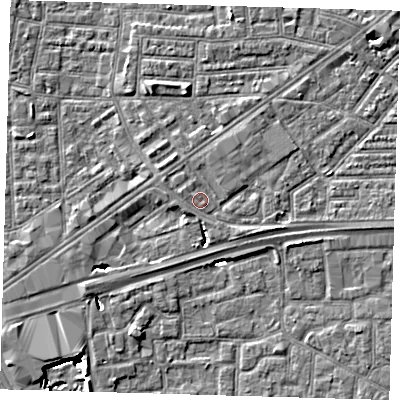 Shaded relief map of the ground around E164DE, computed from Environment Agency LiDAR. The ground here sits at about 2 m above sea level and falls 8 m across the surrounding 800 m. Surface water reaching this point runs off ground lying to the east-south-east, 1.6 m higher.