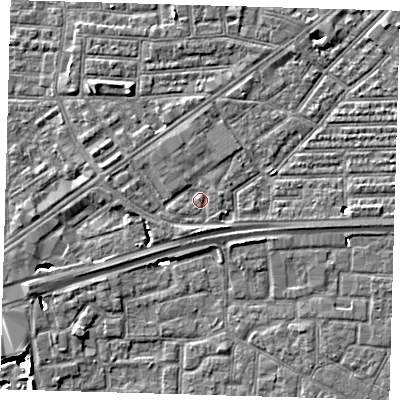 Shaded relief map of the ground around E164DF, computed from Environment Agency LiDAR. The ground here sits at about 2 m above sea level and falls 8 m across the surrounding 800 m. Surface water reaching this point runs off ground lying to the east-north-east, 1.0 m higher.