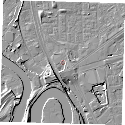 Shaded relief map of the ground around E164DG, computed from Environment Agency LiDAR. The ground here sits at about 2 m above sea level and falls 15 m across the surrounding 800 m. Surface water reaching this point runs off ground lying to the south-south-west, 5.3 m higher.