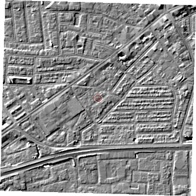 Shaded relief map of the ground around E164DH, computed from Environment Agency LiDAR. The ground here sits at about 1 m above sea level and falls 7 m across the surrounding 800 m. Surface water reaching this point runs off ground lying to the south-south-west, 1.8 m higher.