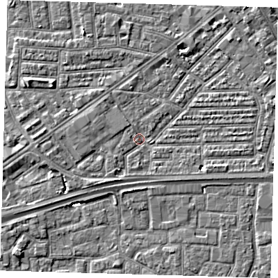 Shaded relief map of the ground around E164DJ, computed from Environment Agency LiDAR. The ground here sits at about 2 m above sea level and falls 6 m across the surrounding 800 m. Surface water reaching this point runs off ground lying to the south-south-west, 1.9 m higher.