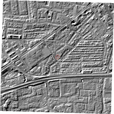 Shaded relief map of the ground around E164DL, computed from Environment Agency LiDAR. The ground here sits at about 1 m above sea level and falls 6 m across the surrounding 800 m. Surface water reaching this point runs off ground lying to the south-south-west, 1.9 m higher.