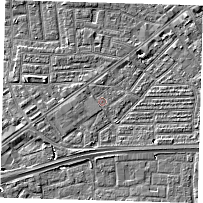 Shaded relief map of the ground around E164DN, computed from Environment Agency LiDAR. The ground here sits at about 2 m above sea level and falls 6 m across the surrounding 800 m. Surface water reaching this point runs off ground lying to the south-south-west, 1.8 m higher.
